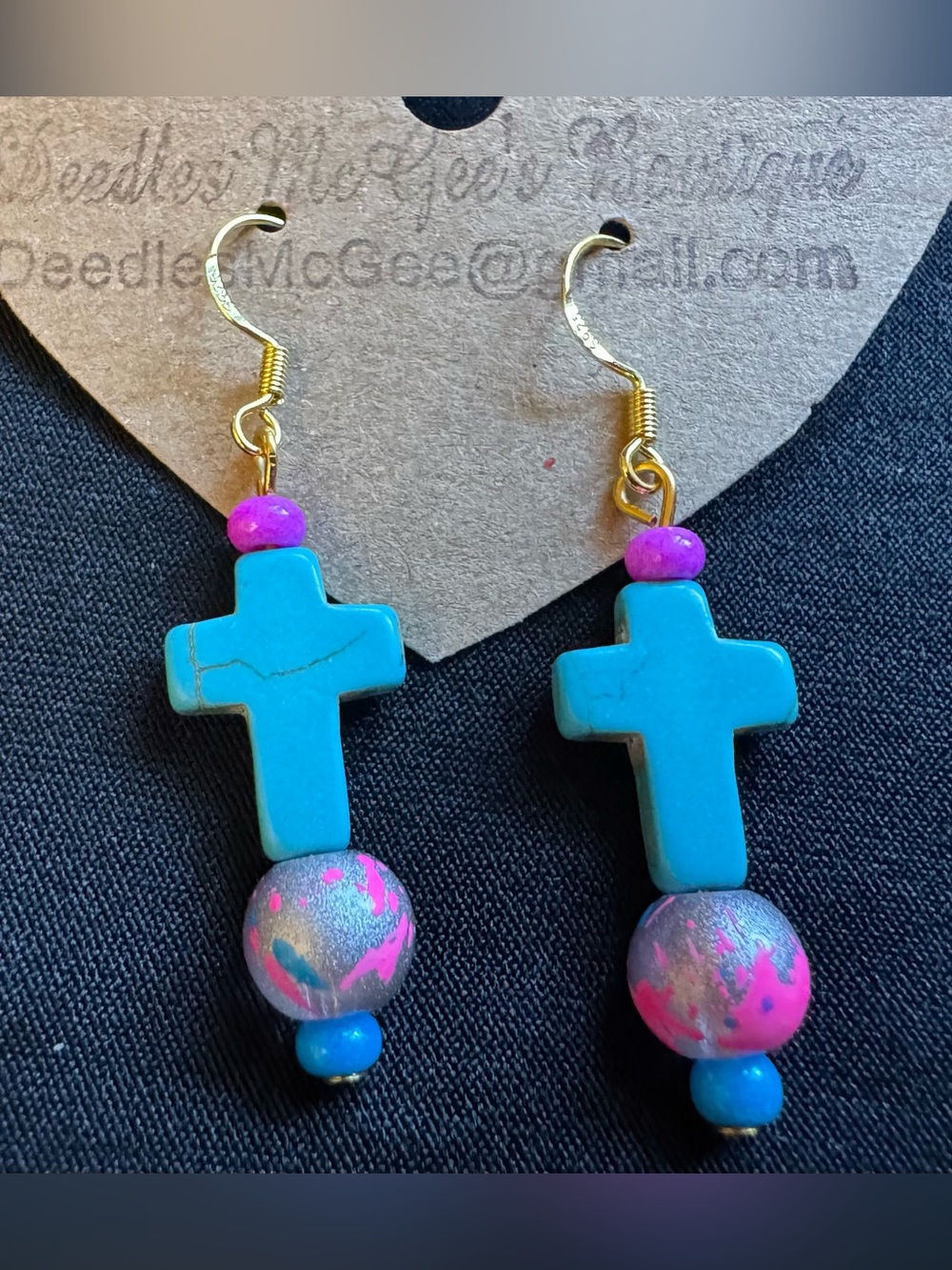 Turquoise Cross Drop Earrings with Colorful Pink Accent Beads